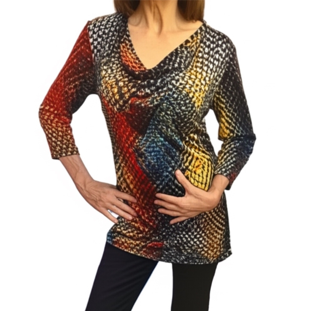 Multicolored abstract watercolor static graphic print tunic drap neckline Lg. - Picture 3 of 7